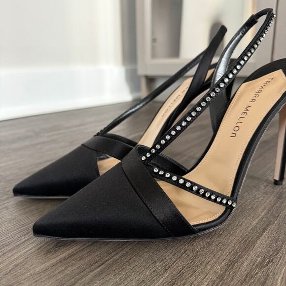 Tamara Mellon Room Key 105 Black Satin Crystal Slingback  Tamara Mellon Room Key 105 Black Satin Crystal Slingback Heels 41 NEW Point Toe